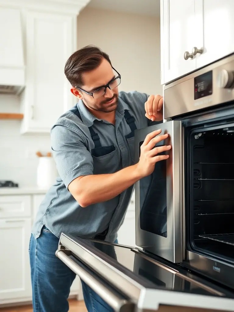 A focused image of a technician carefully repairing an oven, highlighting the safety measures and expertise applied during the process.