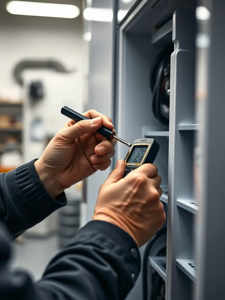 A close-up shot of a Sub Zero Repair Austin technician expertly diagnosing a refrigerator issue with professional tools.