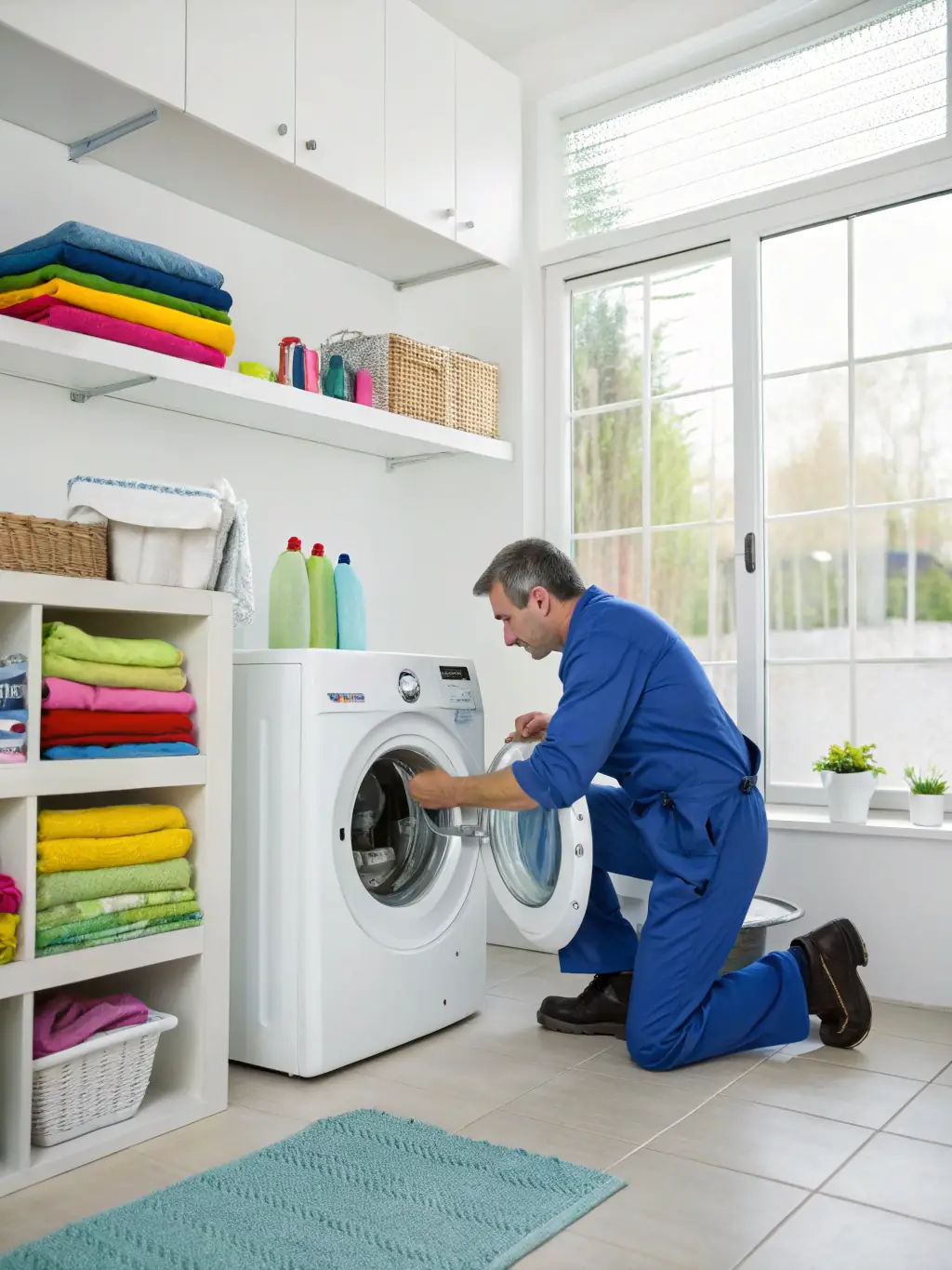 A professional photograph of a technician diligently working on a modern washing machine and dryer set, emphasizing the attention to detail.