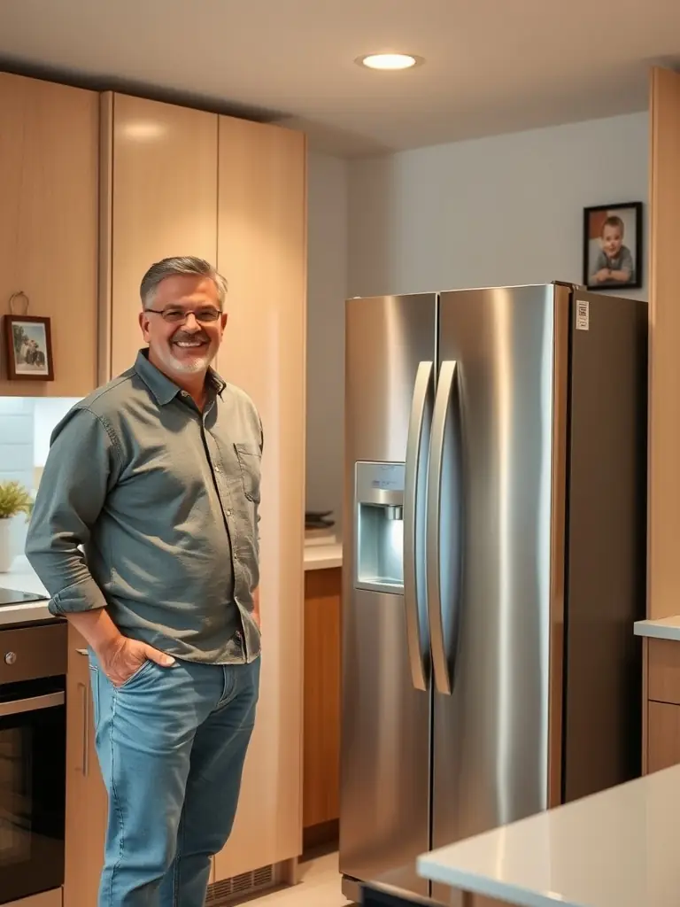 A satisfied customer smiling as a Sub Zero Repair Austin technician completes an appliance repair in their kitchen.